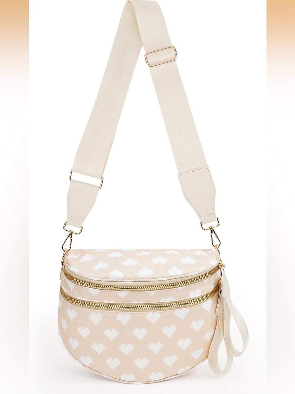 Beige Heart-Print Crossbody Bum Bag